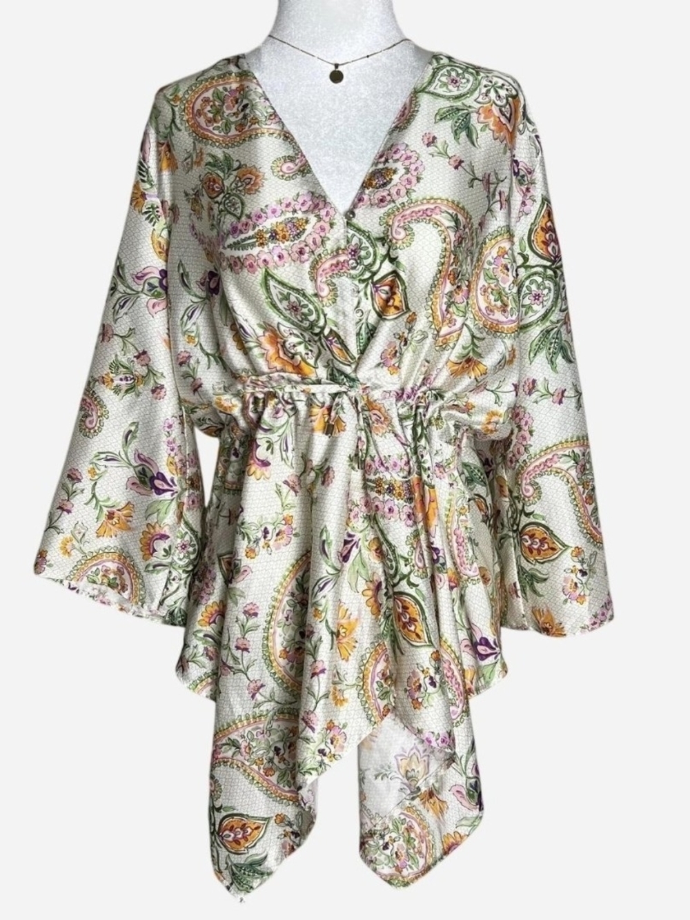 Zara White Satin Paisley Kimono Robe with Green & Orange Accents